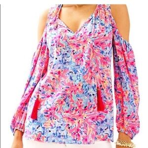 Lilly Pulitzer Finch Top Womens XS Cold Shoulder Silk Blouse Tassels Coco Coral
